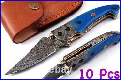 4.50 HANDMADE DAMASCUS STEEL BLUE BONE FOLDING KNIFE (Lot of 10 Pcs)