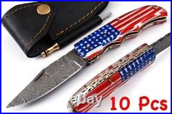 4 HANDMADE DAMASCUS STEEL TEXAS/AMERICAN FLAG FOLDING KNIFE (Lot of 10 Pcs)