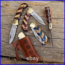 4 piece Handmade Damascus Steel Folding Knife Olive Wood Handle, Leather Sheath