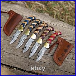 4 piece Handmade Damascus Steel Folding Knife Olive Wood Handle, Leather Sheath