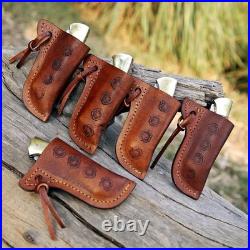 4 piece Handmade Damascus Steel Folding Knife Olive Wood Handle, Leather Sheath