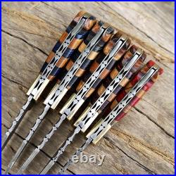 4 piece Handmade Damascus Steel Folding Knife Olive Wood Handle, Leather Sheath