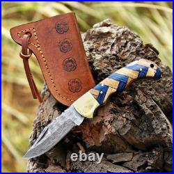 4 piece Handmade Damascus Steel Folding Knife Olive Wood Handle, Leather Sheath