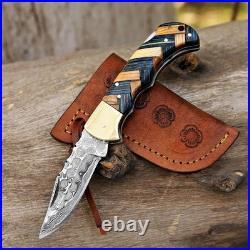 4 piece Handmade Damascus Steel Folding Knife Olive Wood Handle, Leather Sheath