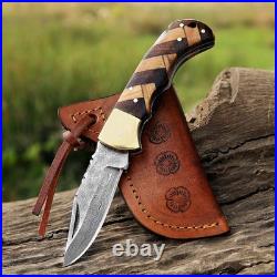 4 piece Handmade Damascus Steel Folding Knife Olive Wood Handle, Leather Sheath