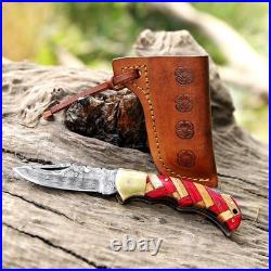 4 piece Handmade Damascus Steel Folding Knife Olive Wood Handle, Leather Sheath