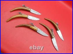 5 Pcs Damascus Steel Handmade Deer Handle Pocket Folding Knife Teak Wood K 498