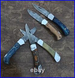5 piece Custom Hand Made Damascus Steel Blade Back lock Folding Pocket knife. 005