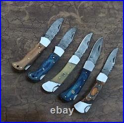 5 piece Custom Hand Made Damascus Steel Blade Back lock Folding Pocket knife. 005