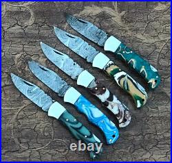 5 piece Custom Hand Made Damascus Steel Blade Back lock Folding pocket knife 004