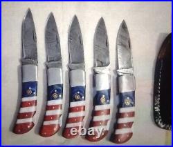 5 piece Custom Hand Made Damascus Steel Folding Pocket Knife Back lock