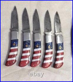 5 piece Custom Hand Made Damascus Steel Folding Pocket Knife Back lock