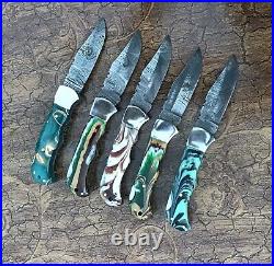 5 piece Custom Hand Made Damascus Steel blade back lock Folding Pocket Knife 002