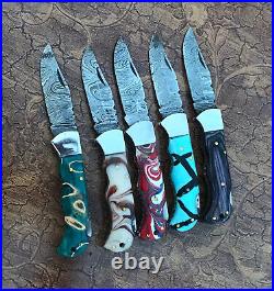 5 pieces Custom hand made Damascus Steel Blade Back lock Folding Pocket Knife 01