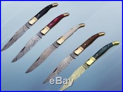 5 pieces Damascus steel Laguiole folding knife with Leather Sheath