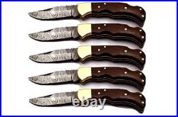 5 pieces lot of Handmade Damascus Steel Folding knife Black Handle Leather Cover