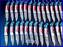 50 Pcs Lot! Custom Handmade Damascus Steel Pocket Folding Knife, Pocket Knives