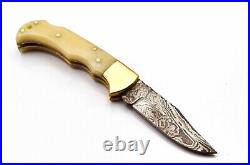 5Pc Lot Handmade Damascus Steel Hunting Folding Pocket Knife Bone & Brass Handle