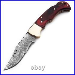 6.25 inches Damascus handmade back lock folding camping Hunting Knife Pouch