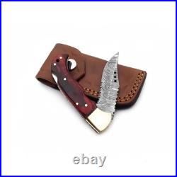 6.25 inches Damascus handmade back lock folding camping Hunting Knife Pouch