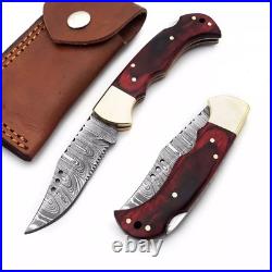 6.25 inches Damascus handmade back lock folding camping Hunting Knife Pouch