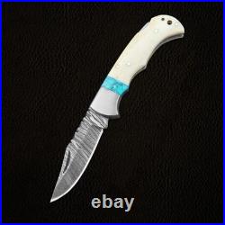 6.5 Inches Handmade Forged Damascus Steel Bone Handle Folding Knife
