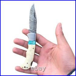 6.5 Inches Handmade Forged Damascus Steel Bone Handle Folding Knife