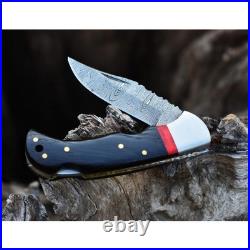 6.5 inches Damascus Steel Folding Knife Black Handle Pocket Blade