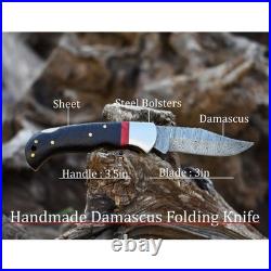 6.5 inches Damascus Steel Folding Knife Black Handle Pocket Blade