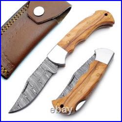 6.5 inches Damascus handmade Back Lock Folding Pocket knife Hunting Knife Pouch