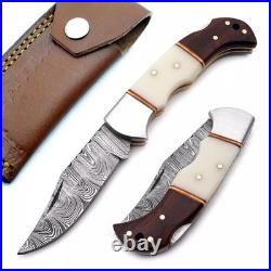6.5 inches Damascus handmade Back Lock Folding Pocket knife Hunting Knife Pouch
