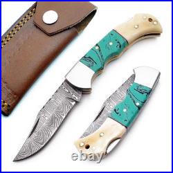 6.5 inches Damascus handmade BackLock Folding knife Camping Hunting Knife Pouch