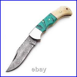 6.5 inches Damascus handmade BackLock Folding knife Camping Hunting Knife Pouch