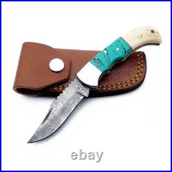 6.5 inches Damascus handmade BackLock Folding knife Camping Hunting Knife Pouch