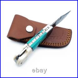 6.5 inches Damascus handmade BackLock Folding knife Camping Hunting Knife Pouch