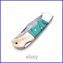 6.5 inches Damascus handmade BackLock Folding knife Camping Hunting Knife Pouch