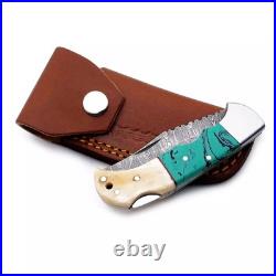 6.5 inches Damascus handmade BackLock Folding knife Camping Hunting Knife Pouch