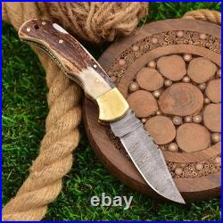6.5 inches Hand Forged Damascus Steel Stag/Antler Handle Folding Knife WithSheath