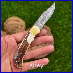 6.5 inches Hand Forged Damascus Steel Stag/Antler Handle Folding Knife WithSheath