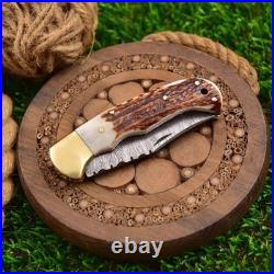 6.5 inches Hand Forged Damascus Steel Stag/Antler Handle Folding Knife WithSheath
