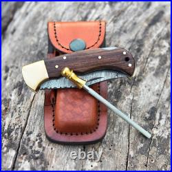6.75 inches Damascus Steel Folding Knife Classic Brown Handle Pocket Blade