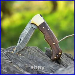 6.75 inches Damascus Steel Folding Knife Classic Brown Handle Pocket Blade