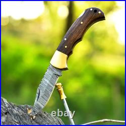 6.75 inches Damascus Steel Folding Knife Classic Brown Handle Pocket Blade