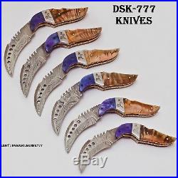 6 Pcs Custom Handmade Damascus Steel Folding Pocket Knife Handle Ram Horn