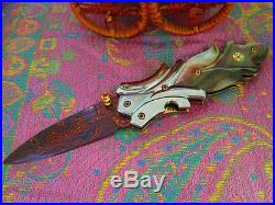 7.5 Custom Folding Knife Damascus Steel Stainless Black pearl Carve mosaic pin