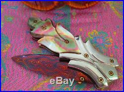 7.5 Custom Folding Knife Damascus Steel Stainless Black pearl Carve mosaic pin