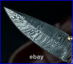 7.5 Damascus Pocket Knife with Engraved Copper Handle Custom Hunting Fold Knife