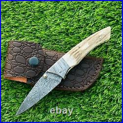 7.5 Handmade Mosaic Pattern Damascus Steel Pocket Knife, Stag Handle Leather
