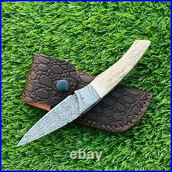 7.5 Handmade Mosaic Pattern Damascus Steel Pocket Knife, Stag Handle Leather