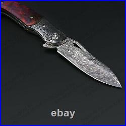 7 Damascus Folding Knife Assisted Open Stabilized Wood Handle Liner Lock 60HRC